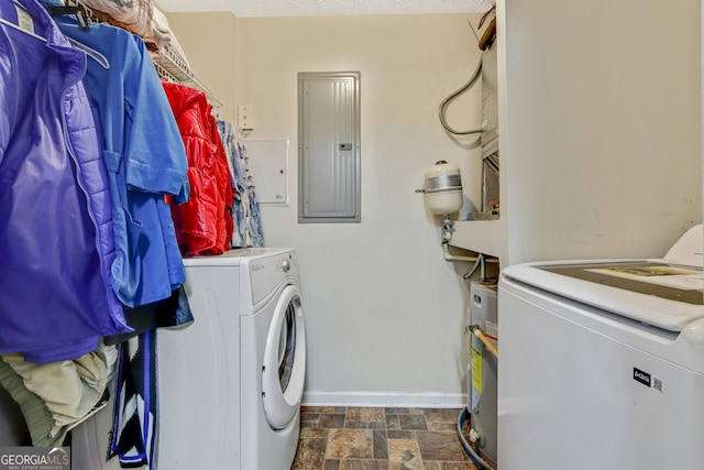 12303 Waldrop Pl, Decatur, GA 30034 - laundry room with electric panel, washing machine and clothes dryer, baseboards, and dark stone finish flooring