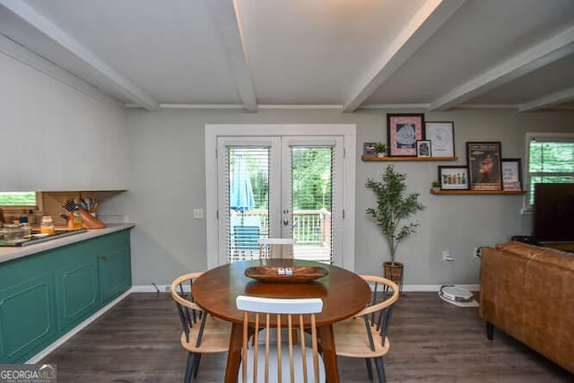 120 Chambers Ave, Cornelia, GA 30531 - dining area featuring beamed ceiling, french doors, dark wood finished floors, and baseboards