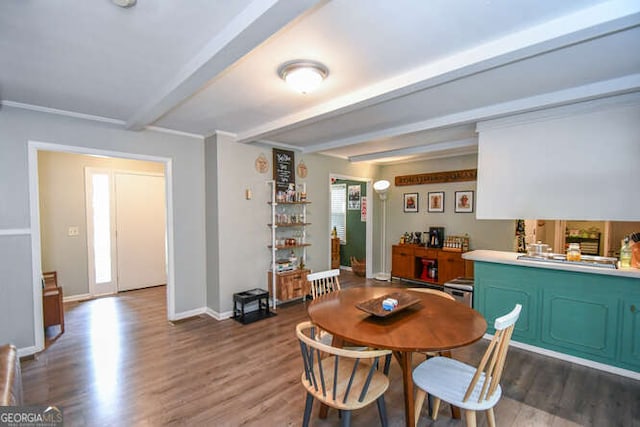120 Chambers Ave, Cornelia, GA 30531 - dining space featuring beamed ceiling, dark wood finished floors, and baseboards