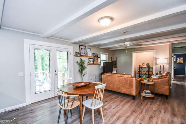 120 Chambers Ave, Cornelia, GA 30531 - dining space featuring wood finished floors, healthy amount of natural light, french doors, beam ceiling, and a ceiling fan