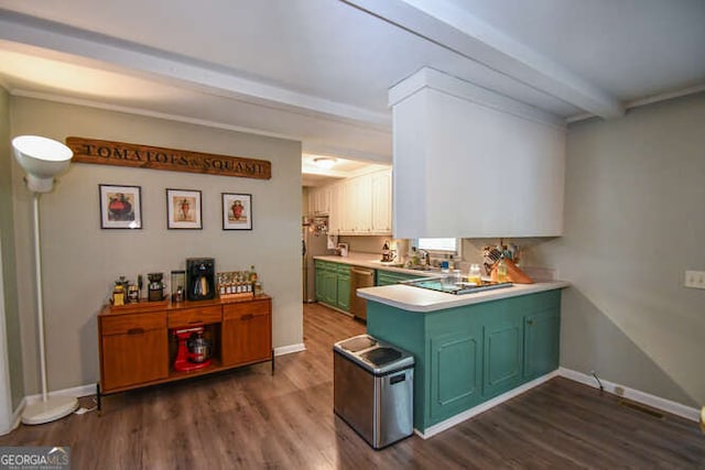 120 Chambers Ave, Cornelia, GA 30531 - kitchen featuring green cabinetry, dishwasher, a peninsula, and dark wood-style flooring
