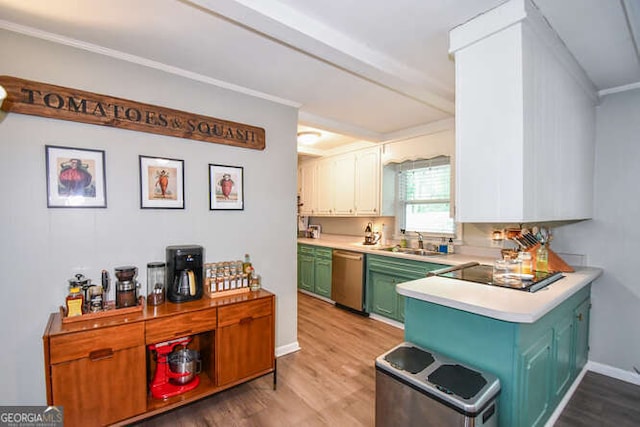 120 Chambers Ave, Cornelia, GA 30531 - kitchen with stainless steel dishwasher, green cabinets, light wood-type flooring, a sink, and light countertops