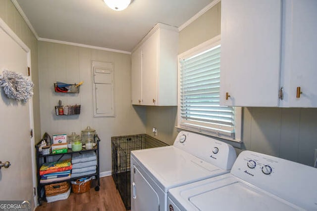 120 Chambers Ave, Cornelia, GA 30531 - washroom with independent washer and dryer, cabinet space, dark wood-style flooring, and ornamental molding