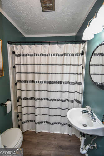 120 Chambers Ave, Cornelia, GA 30531 - bathroom with a textured ceiling, wood finished floors, a sink, toilet, and a shower with shower curtain