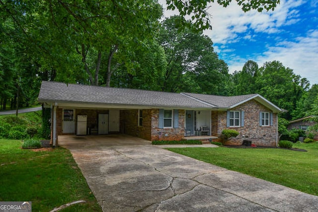 120 Chambers Ave, Cornelia, GA 30531 - ranch-style house with concrete driveway, covered porch, a front yard, and a carport