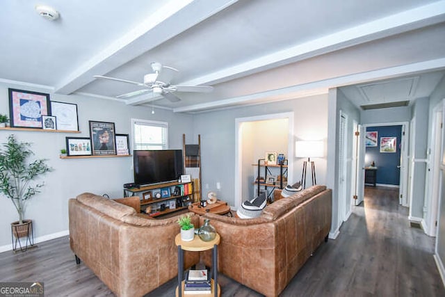 120 Chambers Ave, Cornelia, GA 30531 - living room featuring attic access, ceiling fan, wood finished floors, baseboards, and beamed ceiling