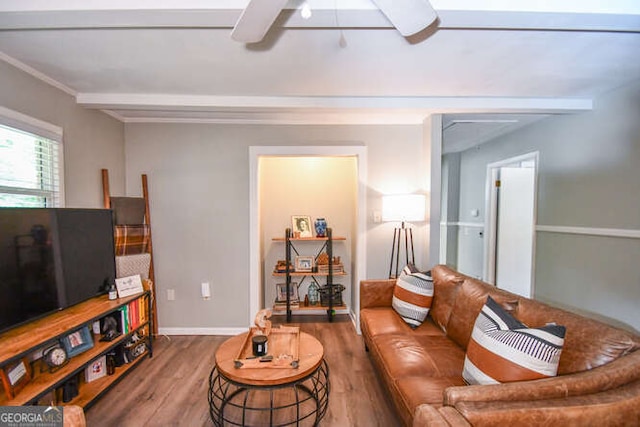 120 Chambers Ave, Cornelia, GA 30531 - living area with wood finished floors, beam ceiling, attic access, ceiling fan, and baseboards
