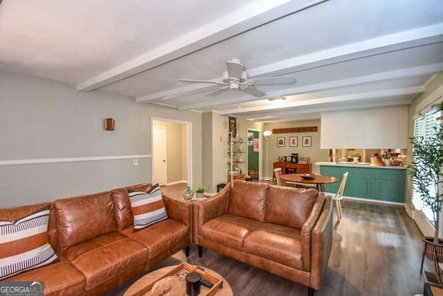 120 Chambers Ave, Cornelia, GA 30531 - living room featuring wood finished floors, beam ceiling, and ceiling fan