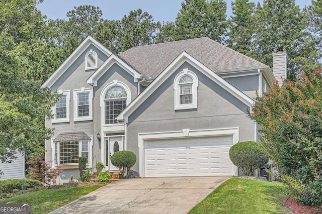 750 Gates Ln, Alpharetta, GA 30022 - traditional-style house with driveway, stucco siding, a front lawn, a shingled roof, and a chimney