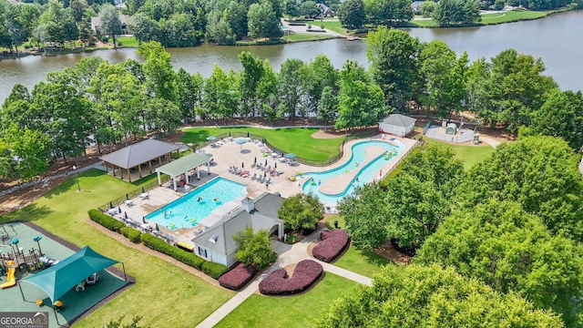507 Hunterian Pl, Newnan, GA 30265 - bird's eye view of a pool, a nearby body of water, and a tree filled landscape