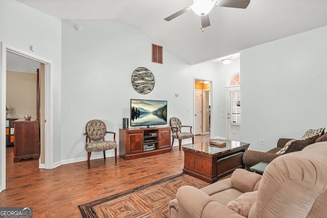 507 Hunterian Pl, Newnan, GA 30265 - living room featuring a ceiling fan, wood finished floors, high vaulted ceiling, and baseboards