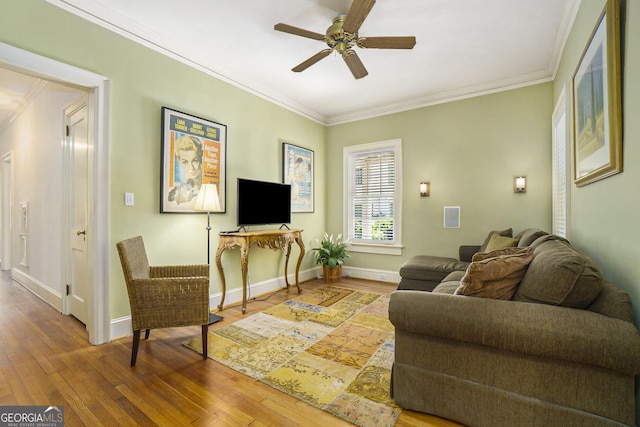 1821 N Rock Springs Rd NE, Atlanta, GA 30324 - living area with ornamental molding, hardwood / wood-style flooring, and ceiling fan