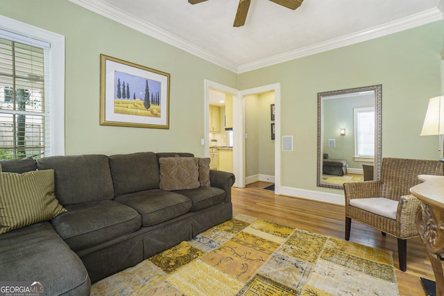 1821 N Rock Springs Rd NE, Atlanta, GA 30324 - living area with wood finished floors, ornamental molding, and ceiling fan