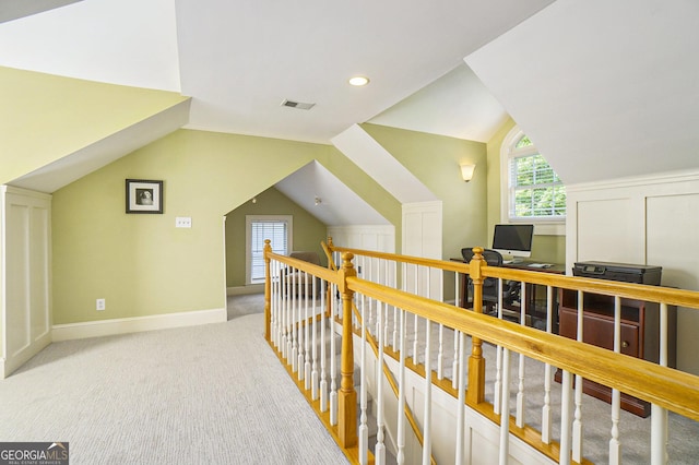 1821 N Rock Springs Rd NE, Atlanta, GA 30324 - corridor with lofted ceiling, an upstairs landing, carpet floors, a desk, and recessed lighting