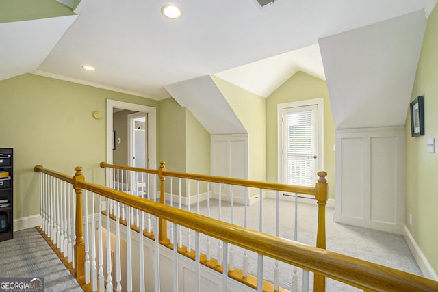 1821 N Rock Springs Rd NE, Atlanta, GA 30324 - corridor with an upstairs landing, vaulted ceiling, carpet flooring, and recessed lighting