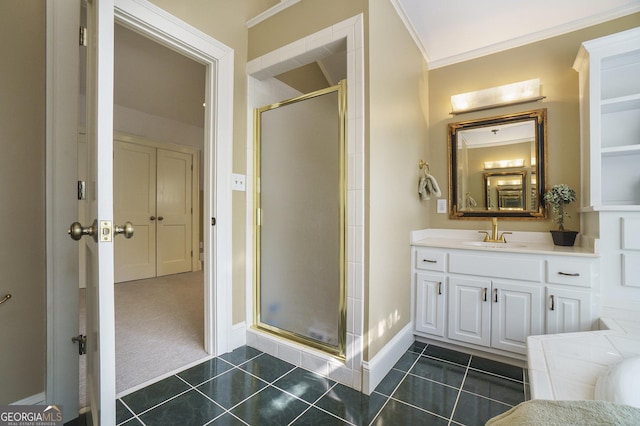 1821 N Rock Springs Rd NE, Atlanta, GA 30324 - full bath with a stall shower, ornamental molding, vanity, and tile patterned floors