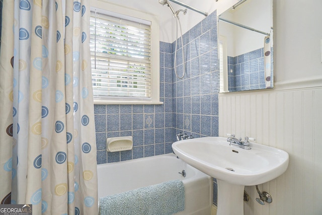 1821 N Rock Springs Rd NE, Atlanta, GA 30324 - full bathroom with shower / bath combo with shower curtain and a wainscoted wall