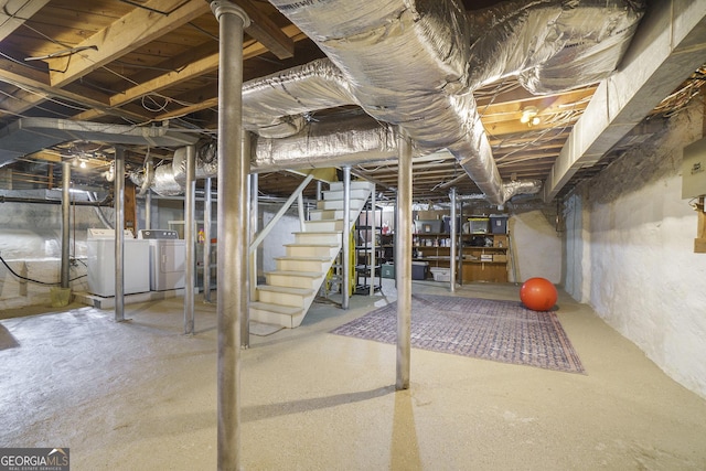 1821 N Rock Springs Rd NE, Atlanta, GA 30324 - unfinished below grade area featuring washing machine and clothes dryer and stairs