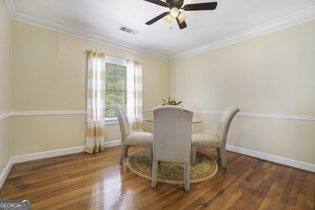 1821 N Rock Springs Rd NE, Atlanta, GA 30324 - dining space featuring wood finished floors, a ceiling fan, and ornamental molding