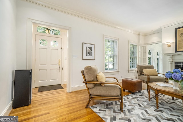 1821 N Rock Springs Rd NE, Atlanta, GA 30324 - living area with crown molding, light wood-style floors, and a tile fireplace