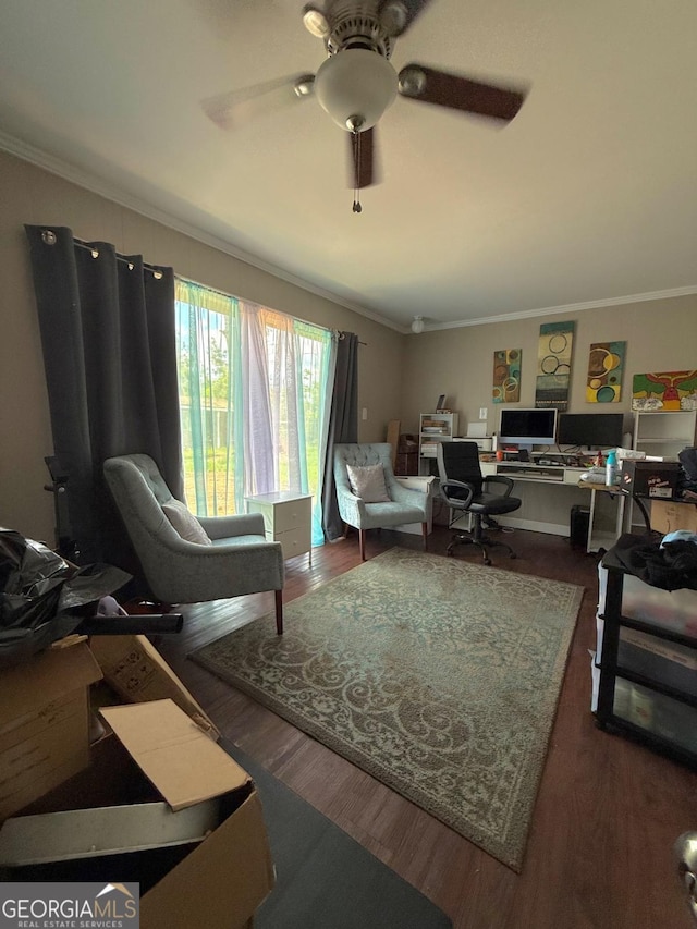 44 Kersey St, Hazlehurst, GA 31539 - office space with crown molding, a ceiling fan, and wood finished floors