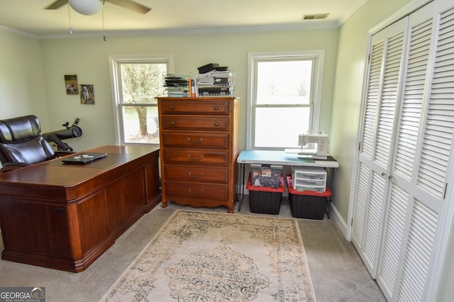 2048 Swint Rd, Griffin, GA 30224 - office featuring crown molding, a ceiling fan, and light colored carpet