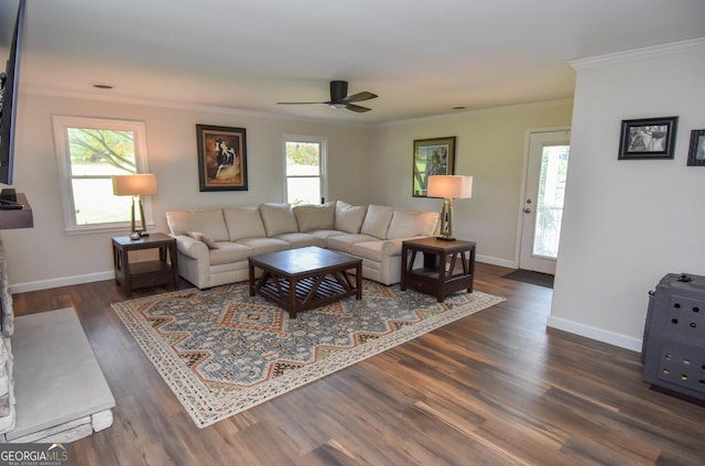 2048 Swint Rd, Griffin, GA 30224 - living area with a ceiling fan, crown molding, dark wood-style floors, and baseboards