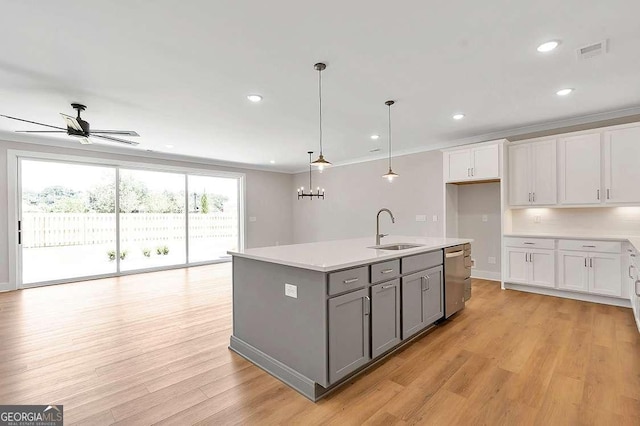 206 Grady Burrell Dr, Holly Springs, GA 30115 - kitchen with a sink, gray cabinetry, dishwasher, ceiling fan, and light countertops