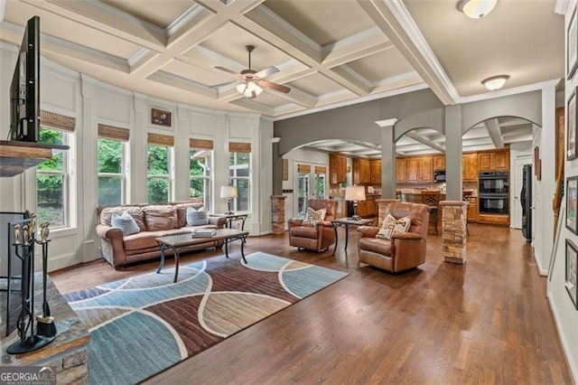 9065 Yellow Pine Ct, Gainesville, GA 30506 - living room featuring arched walkways, coffered ceiling, healthy amount of natural light, ceiling fan, and wood finished floors