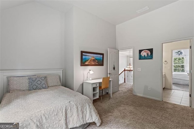9065 Yellow Pine Ct, Gainesville, GA 30506 - bedroom featuring carpet, high vaulted ceiling, and connected bathroom