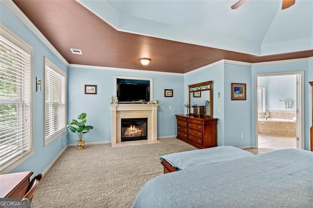 9065 Yellow Pine Ct, Gainesville, GA 30506 - bedroom featuring a fireplace with flush hearth, crown molding, carpet floors, ensuite bath, and ceiling fan