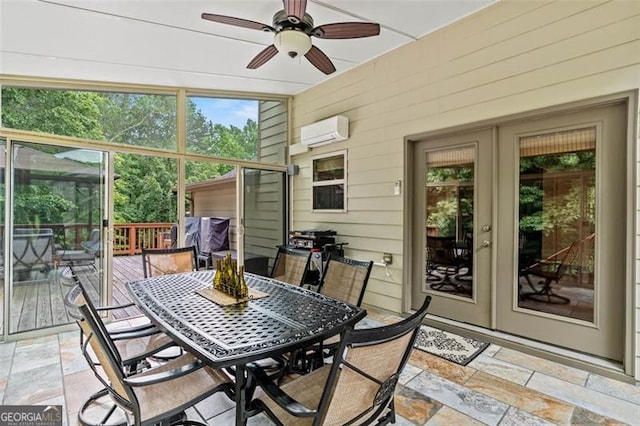 9065 Yellow Pine Ct, Gainesville, GA 30506 - sunroom / solarium with an AC wall unit, ceiling fan, and outdoor dining space