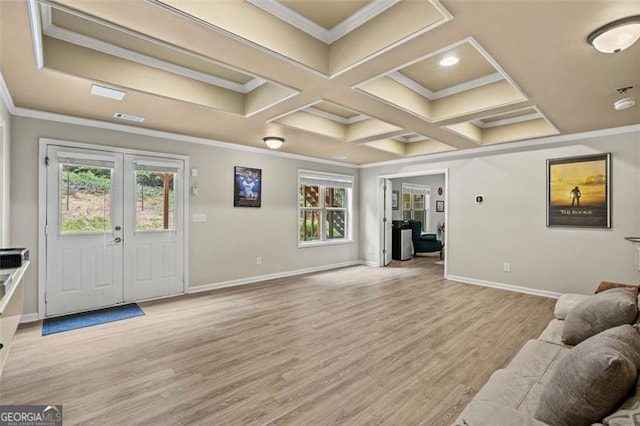 9065 Yellow Pine Ct, Gainesville, GA 30506 - living area featuring light wood-style floors, french doors, crown molding, beam ceiling, and coffered ceiling