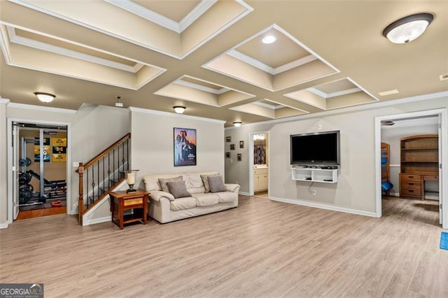 9065 Yellow Pine Ct, Gainesville, GA 30506 - living room featuring light wood finished floors, crown molding, stairway, beam ceiling, and coffered ceiling