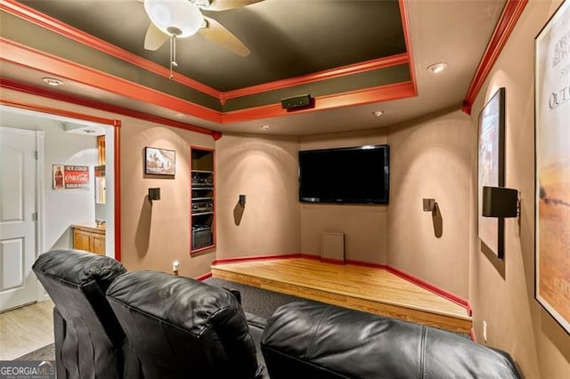 9065 Yellow Pine Ct, Gainesville, GA 30506 - home theater with ornamental molding, wood finished floors, a ceiling fan, a raised ceiling, and recessed lighting