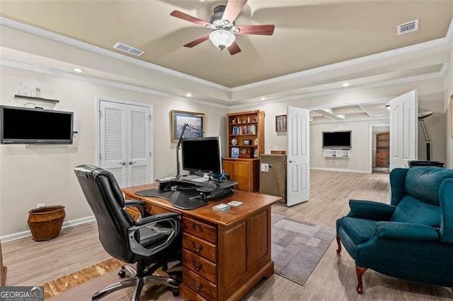 9065 Yellow Pine Ct, Gainesville, GA 30506 - office with crown molding, light wood-style flooring, ceiling fan, a raised ceiling, and recessed lighting