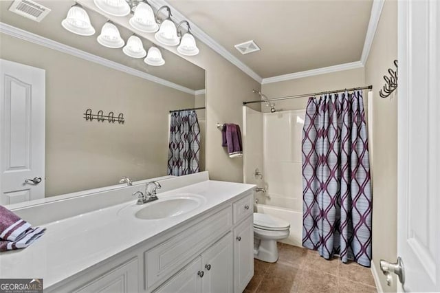 9065 Yellow Pine Ct, Gainesville, GA 30506 - bathroom featuring vanity, ornamental molding, shower / tub combo, and tile patterned floors