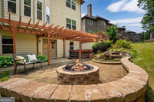 9065 Yellow Pine Ct, Gainesville, GA 30506 - view of patio with an outdoor fire pit, a hot tub, and a pergola