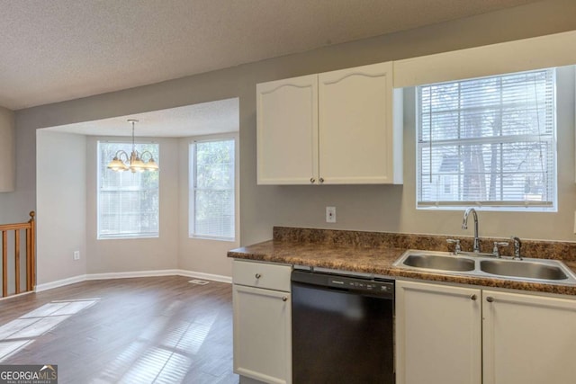 2105 Sandtree Ct SW, Atlanta, GA 30331 - kitchen with black dishwasher, a chandelier, white cabinetry, dark countertops, and wood finished floors