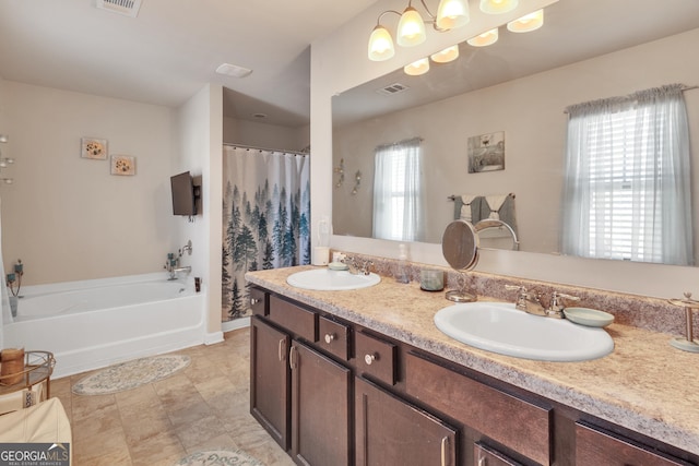 3929 Makeover Ct Unit 0, Atlanta, GA 30349 - bathroom featuring a bath, double vanity, a shower with curtain, baseboards, and tile patterned floors