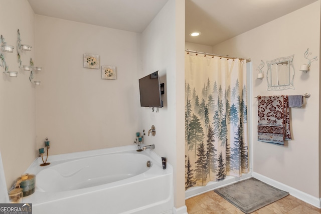 3929 Makeover Ct Unit 0, Atlanta, GA 30349 - bathroom featuring a bath, a shower with shower curtain, tile patterned flooring, recessed lighting, and baseboards