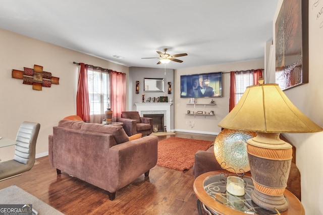 3929 Makeover Ct Unit 0, Atlanta, GA 30349 - living area with ceiling fan, plenty of natural light, wood finished floors, and a glass covered fireplace
