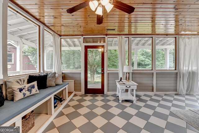 1365 Lower Creighton Rd, Cumming, GA 30028 - sunroom / solarium featuring tile patterned floors, wooden walls, vaulted ceiling, and wood ceiling