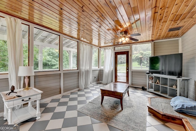 1365 Lower Creighton Rd, Cumming, GA 30028 - living area with tile patterned floors, wooden ceiling, wood walls, and a ceiling fan