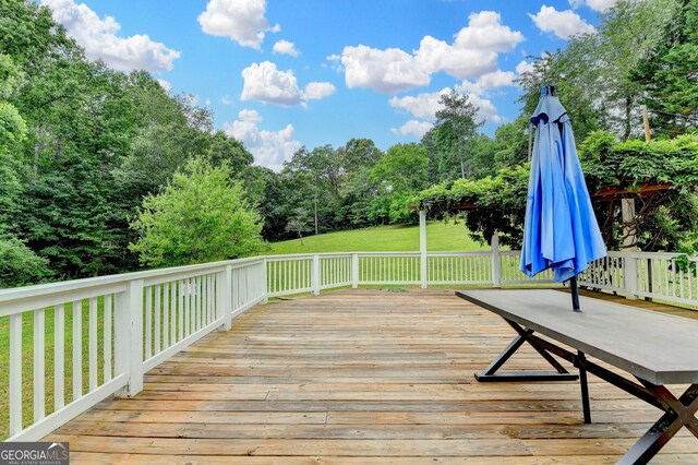 1365 Lower Creighton Rd, Cumming, GA 30028 - wooden terrace with view of scattered trees and a lawn