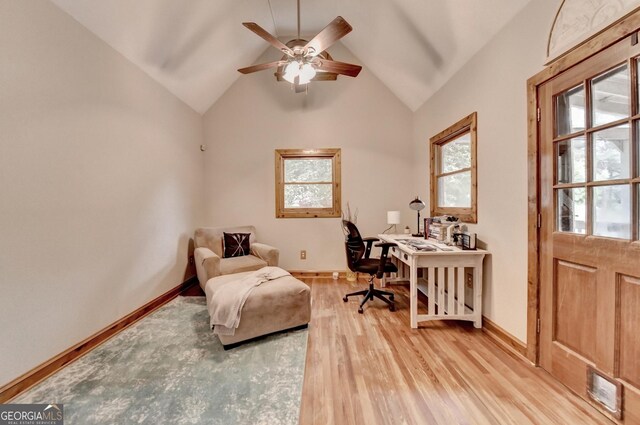 1365 Lower Creighton Rd, Cumming, GA 30028 - home office featuring light wood-style floors, ceiling fan, and lofted ceiling