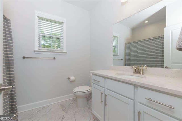 740 Pineberry Ct, Grayson, GA 30017 - full bath with marble look tiles, vanity, and a shower with curtain