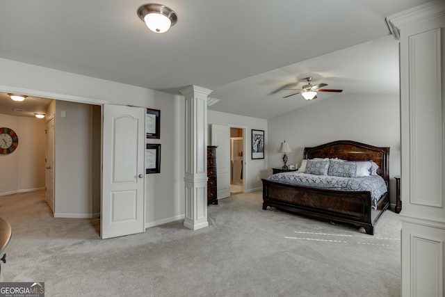 3393 Sardis Bend Dr, Buford, GA 30519 - bedroom featuring ornate columns, light colored carpet, baseboards, and vaulted ceiling
