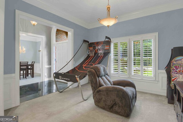 718 First Cotton Dr, Powder Springs, GA 30127 - sitting room featuring carpet, crown molding, and a wainscoted wall