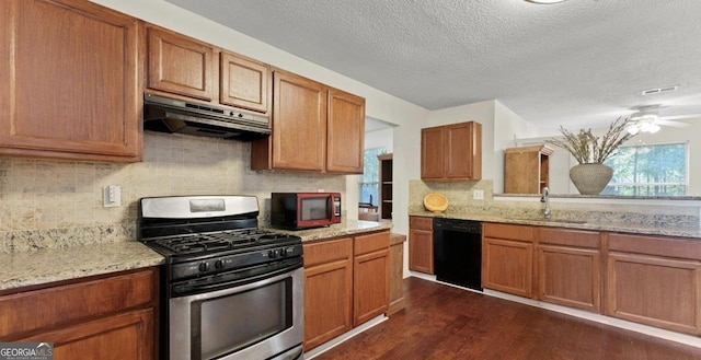 475 Cascade Rise Ct, South Fulton, GA 30331 - kitchen featuring black dishwasher, stainless steel gas range, under cabinet range hood, dark wood-style floors, and tasteful backsplash